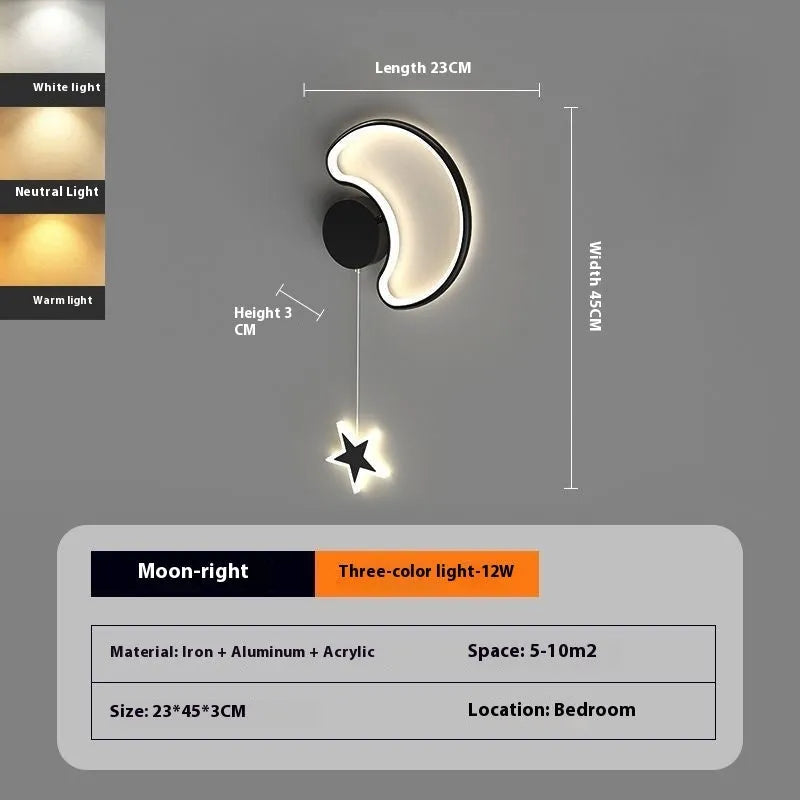 Cartoon cloud, moon and five-pointed star shaped bedside wall lamp for a children's bedroom in black or white.