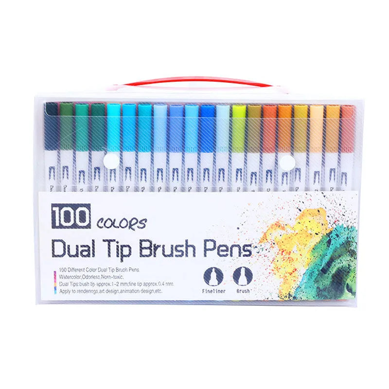 Set of watercolour brush pens in assorted colours, showing fine tips, arranged in a case.