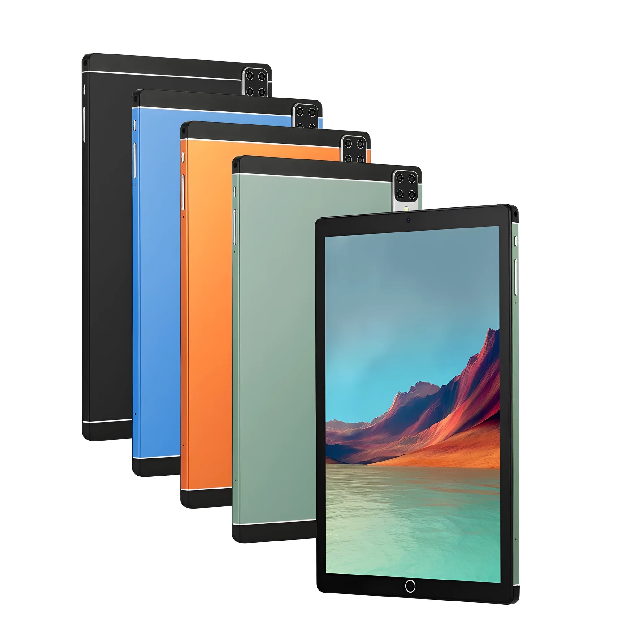 Android 15 tablet with 11.6 inch IPS screen shown in black, blue, green, and orange colour options