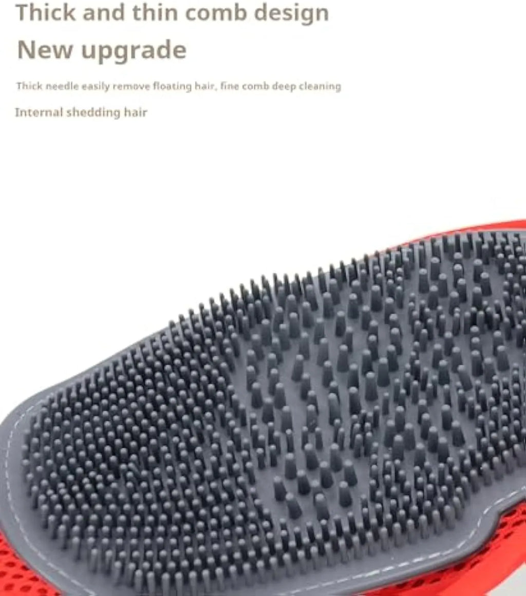 Red pet bathing glove with integrated brush for dog and cat grooming during washing