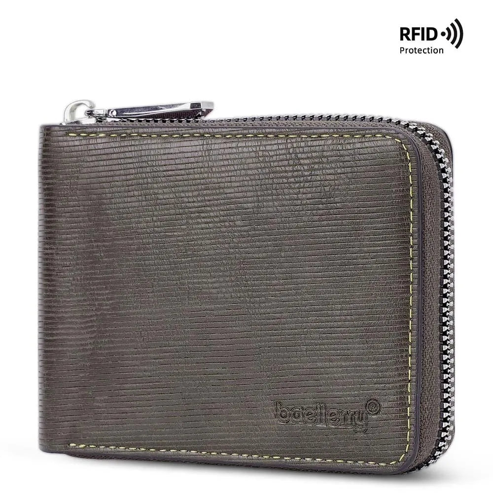 Black PU leather anti-theft zipper wallet with embossed pattern and extended card capacity