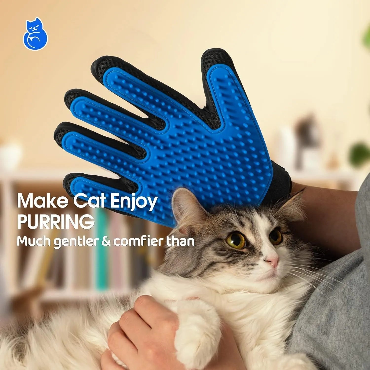 Blue pet grooming gloves with silicone tips for removing hair from dogs and cats during grooming