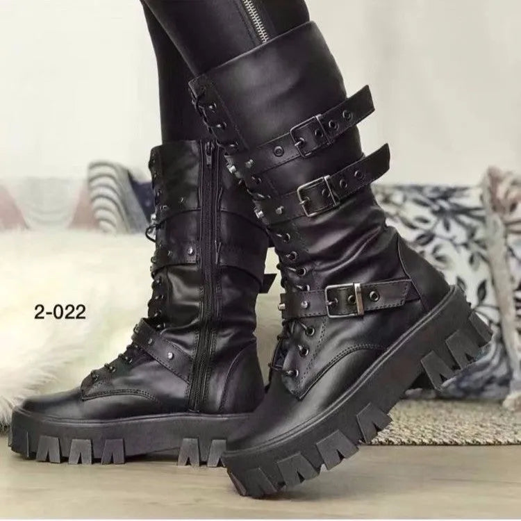 Black women's mid-calf knight boots with metal buckle and side zipper on a round toe.