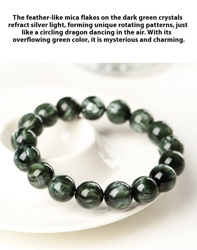 Green Dragon Crystal bracelet with round 8-9mm beads and a single ring clasp.