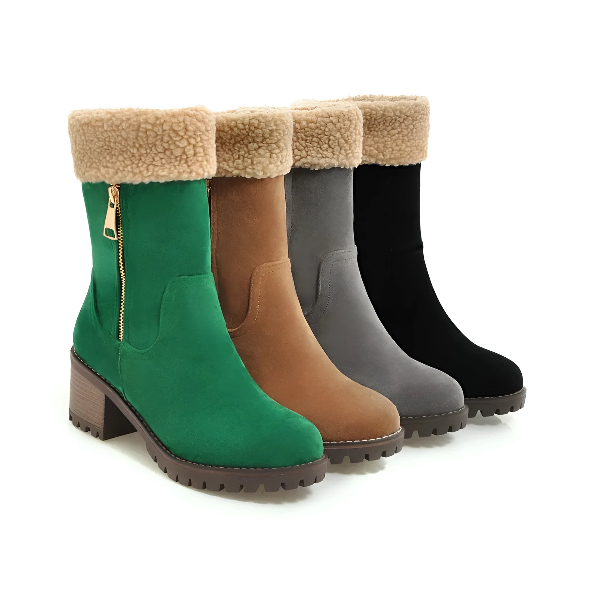 A pair of snow boots in black, shown with a soft plush lining and rubber insole.