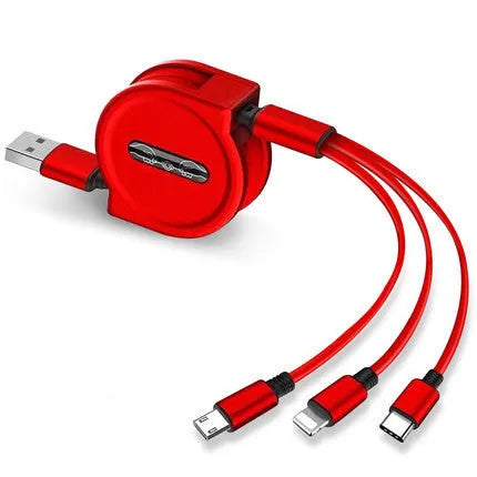 3 in 1 telescopic charging cable with 120 cm TPE cable and titanium alloy connectors in multiple colours