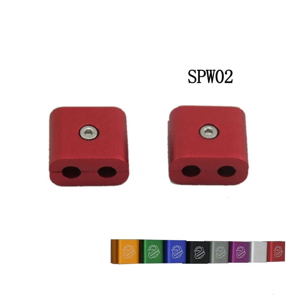 Three-piece metal car modification fastening clamp in assorted colours on a white background