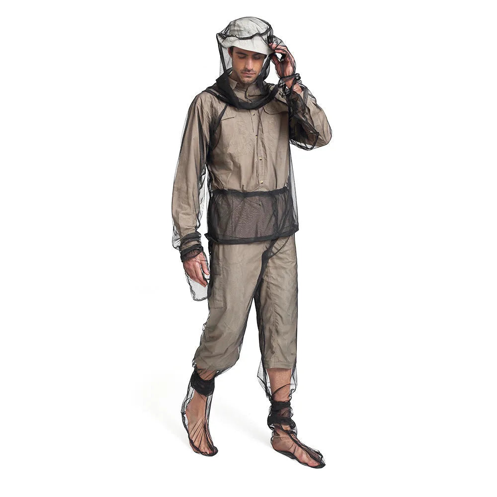 Four-piece mesh anti-mosquito suit including hooded top, pants, and booties for outdoor protection