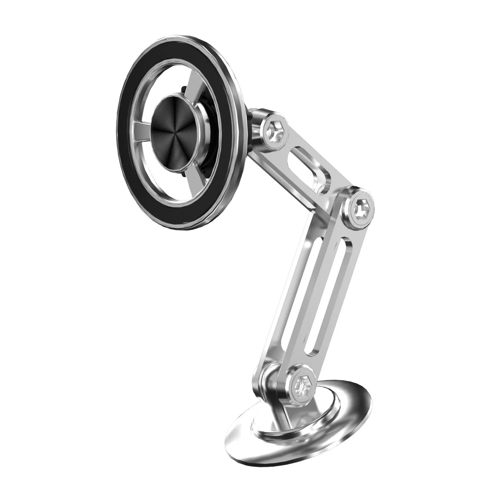All-metal magnetic car phone holder mounted on dashboard with phone attached, showing 360-degree rotation capability