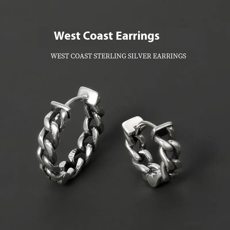 Men's silver geometric hoop earrings in 10mm and 14mm sizes on a plain background.
