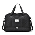 Oxford cloth travel bag in a solid colour with sewing thread detail, shown with 36-55L capacity.