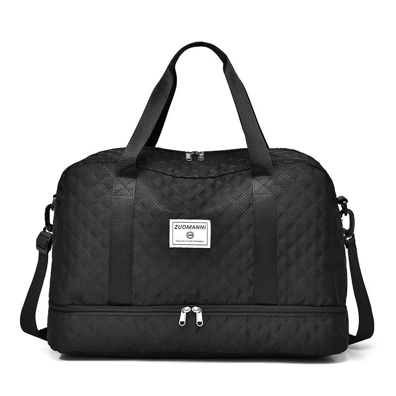 Oxford cloth travel bag in a solid colour with sewing thread detail, shown with 36-55L capacity.
