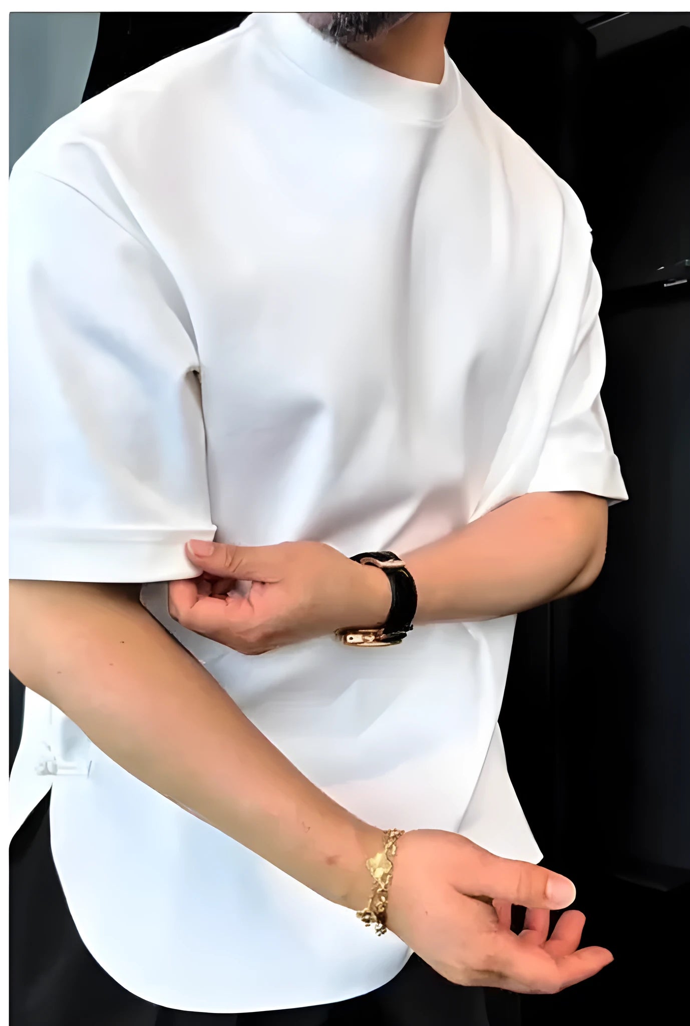 Men's white cotton t-shirt with button collar and buttoned chest pocket on a hanger