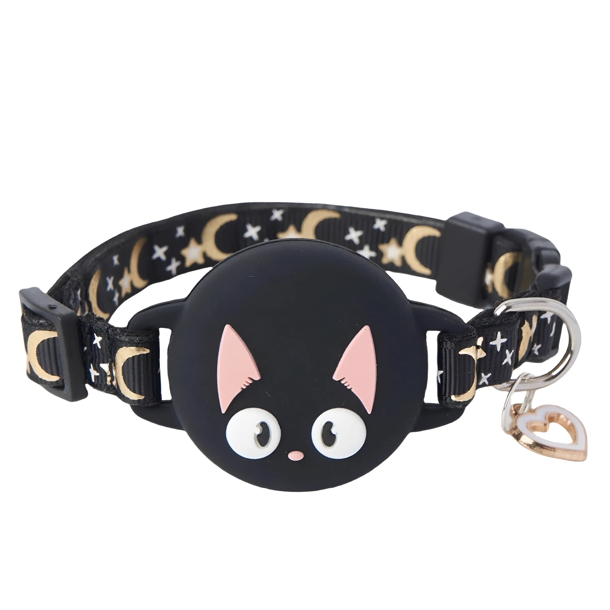 Adjustable plastic cat collar with silicone Apple AirTag protective case in pink colour.