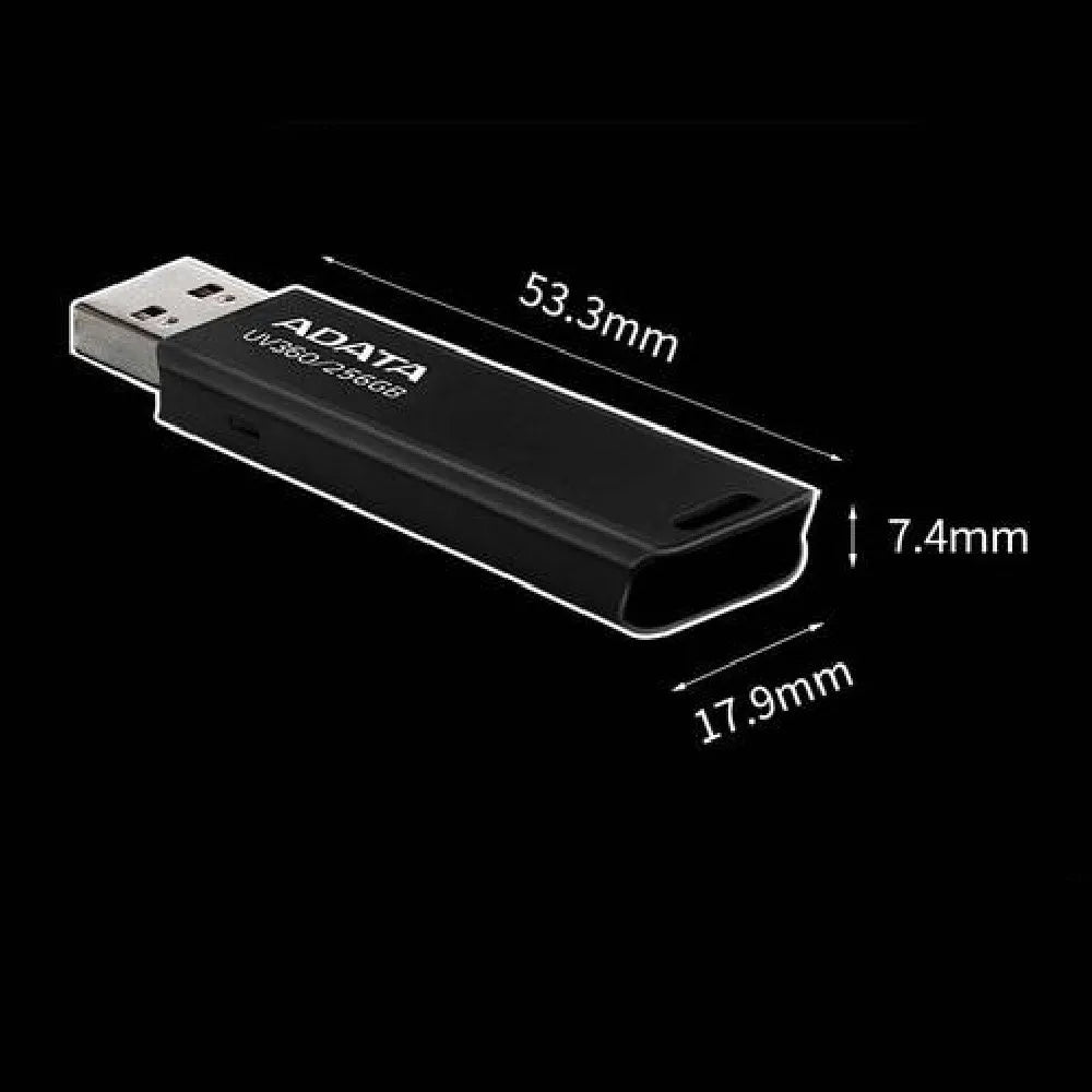 Black car-mounted USB flash drive with waterproof case showing capacity options 32GB 64GB 256GB