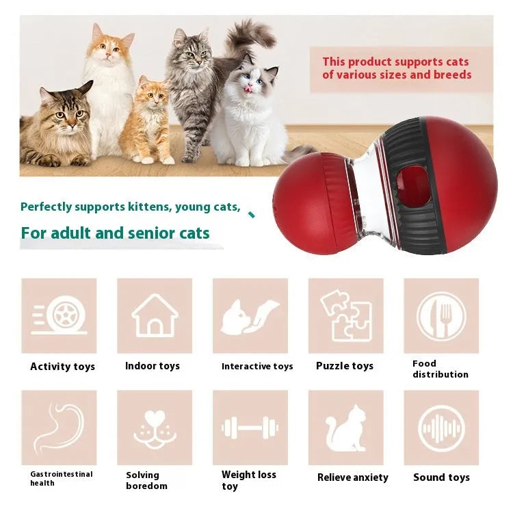 Plastic rotating cat toy with food dropping mechanism and colourful super ball design