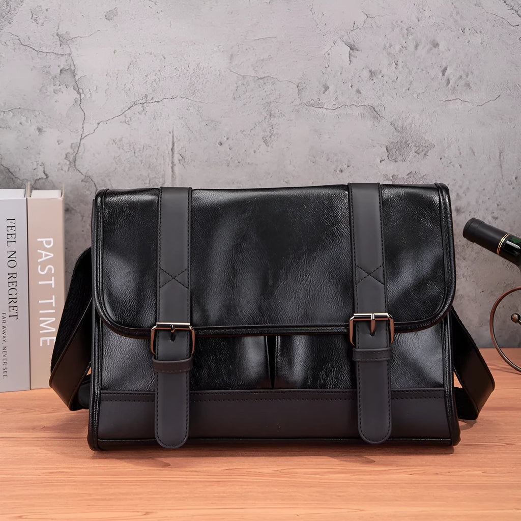 Black Korean style men's commuter backpack with anti-theft design and contrast stitching