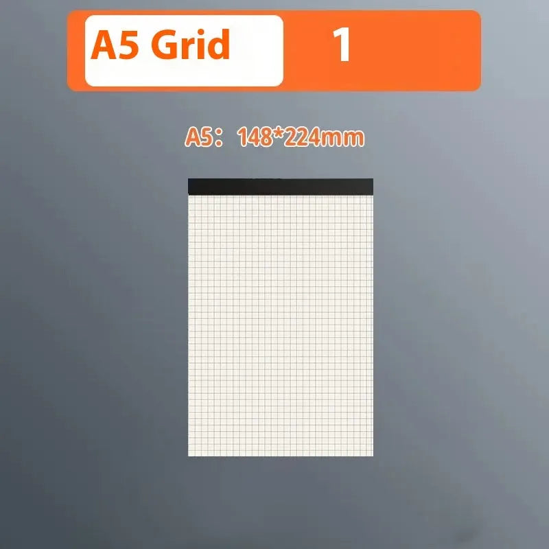 A5, B5 and A4 writing pads with blank, grid and horizontal line rulings showing tearable sheets