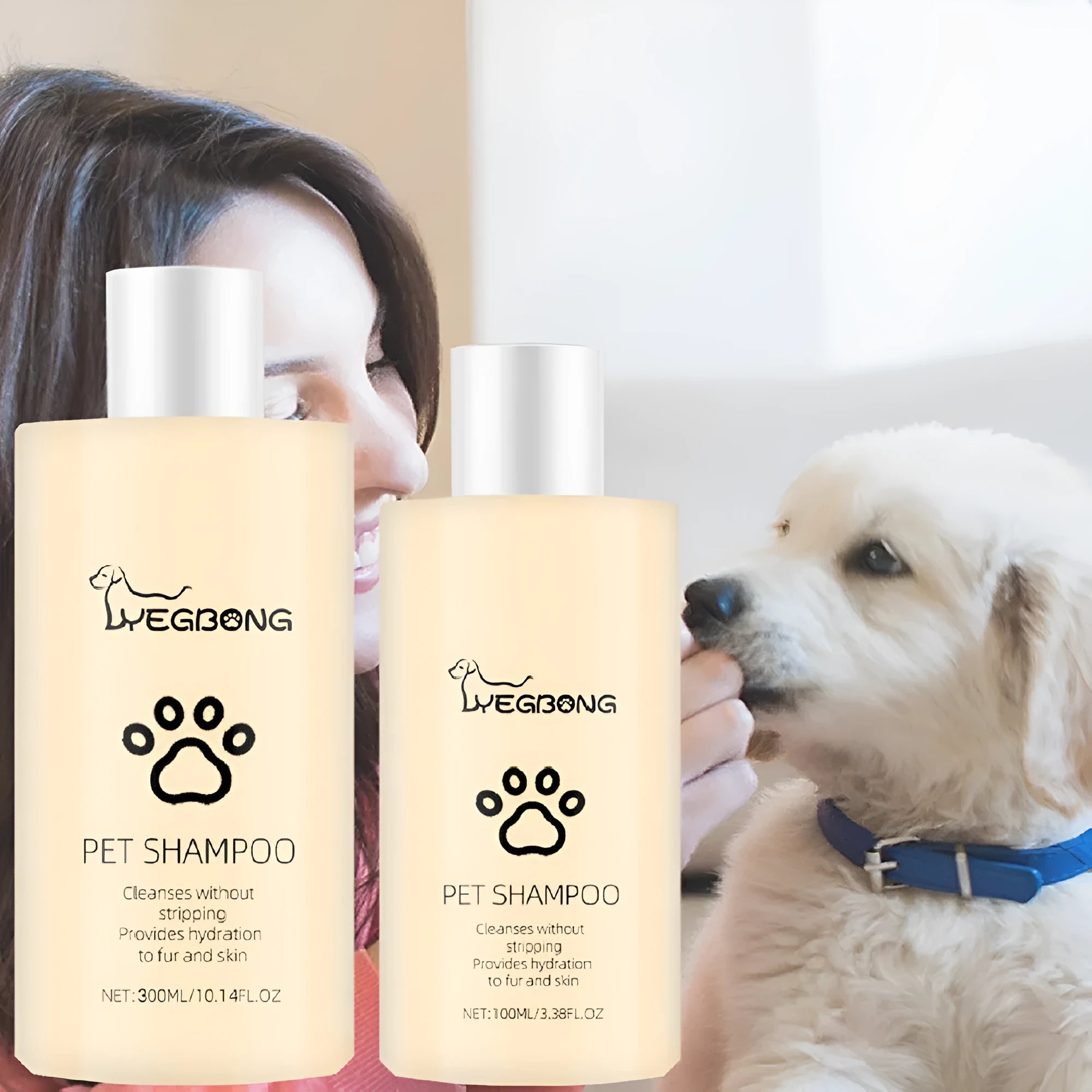 Bottle of mild pet shampoo for cats and dogs, available in 100ml and 300ml sizes.