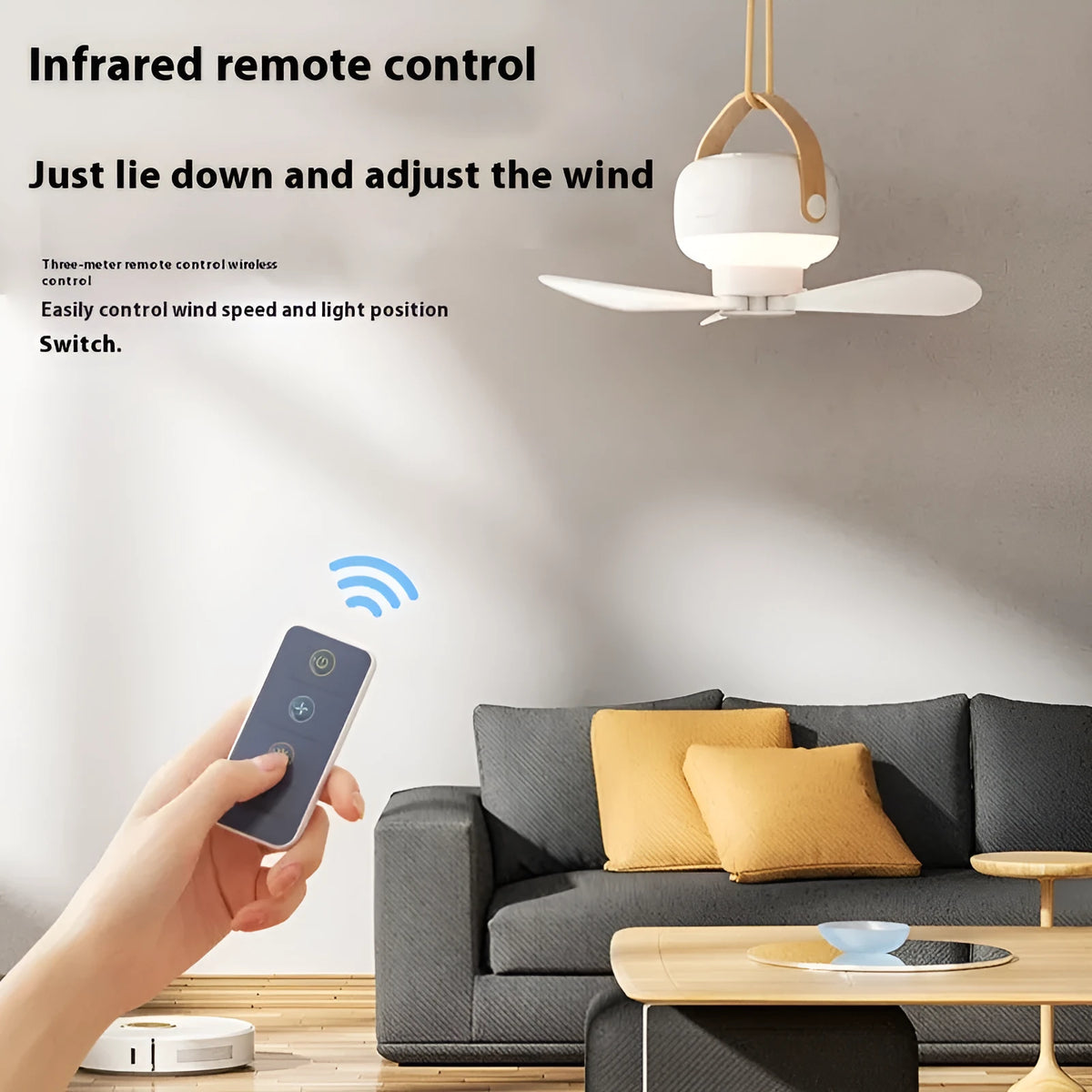 Small white rechargeable ceiling fan with remote control, mounted on a metal wire bracket.