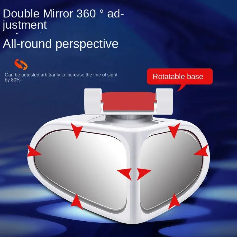 Adjustable wide-angle car reversing mirror on a vehicle, showing black ABS shell.