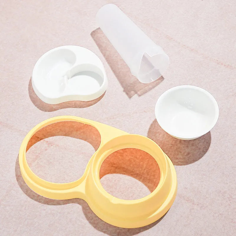 Grey and yellow pet dual feeding bowl with neck protection and non-slip design