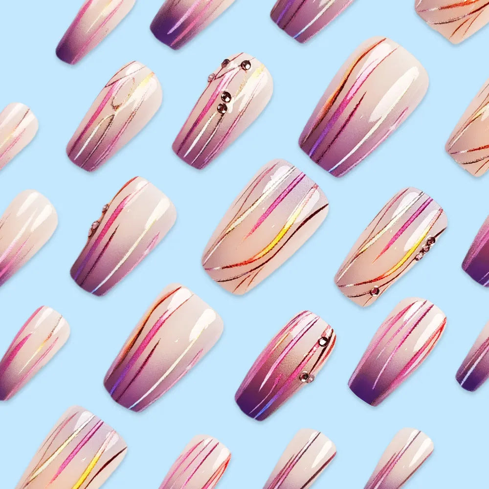 Magic purple line streamer gradient nail stickers with starry sky pattern for short nails, includes jelly glue.