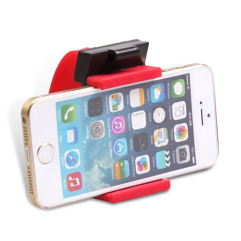 Black steering wheel phone clip mount holder showing adjustable clip and phone placement