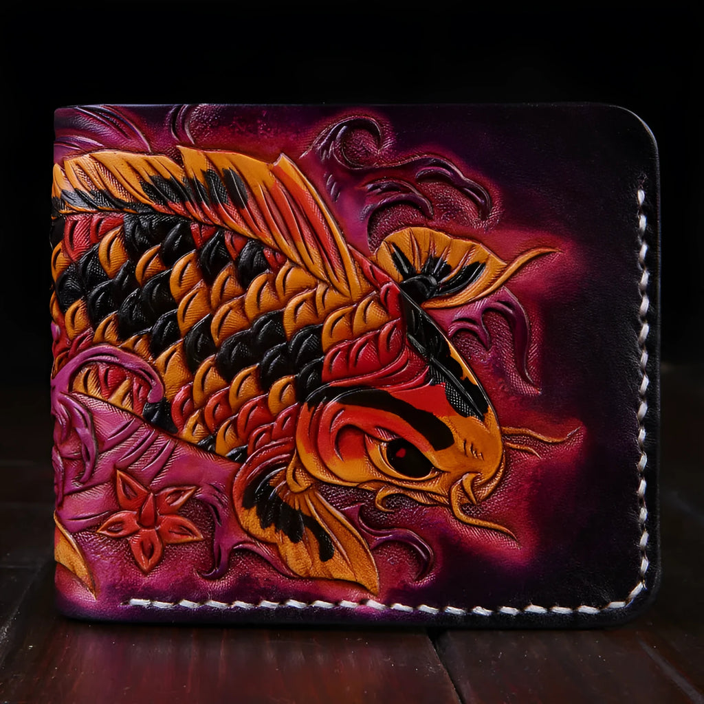 Men's hand-carved cow leather short wallet in blue red or gold colours showing bi-fold design