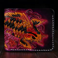 Men's hand-carved cow leather short wallet in blue red or gold colours showing bi-fold design