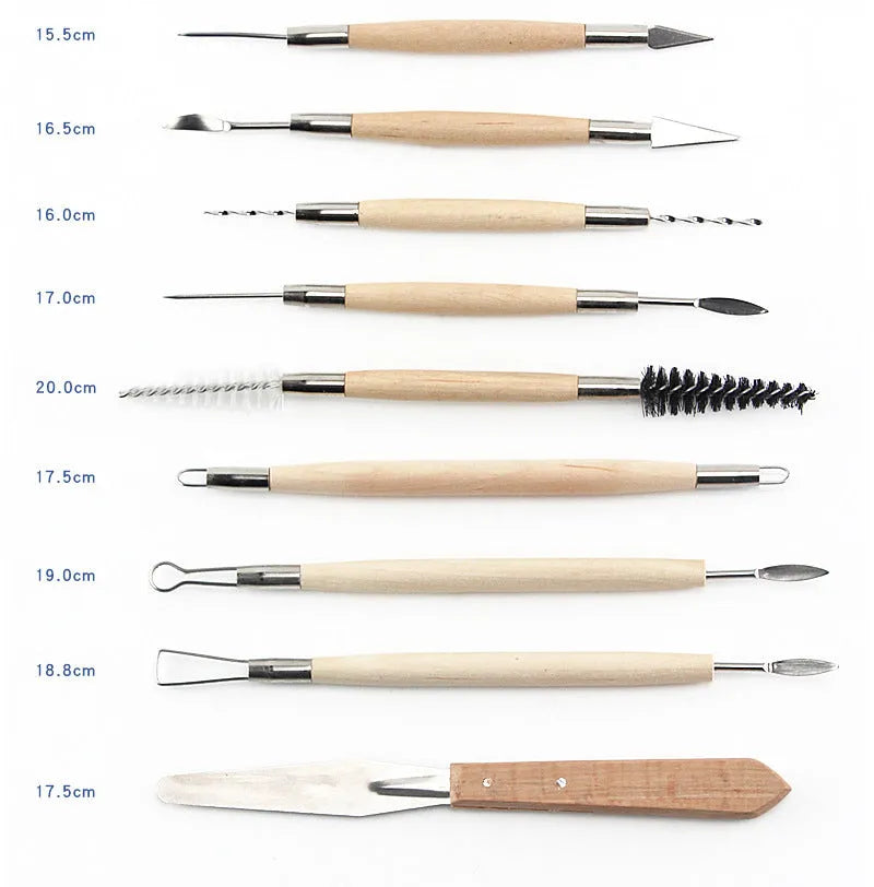 A 27-piece pottery clay tools set with wood, stainless steel, and plastic tools rolled up in packaging.