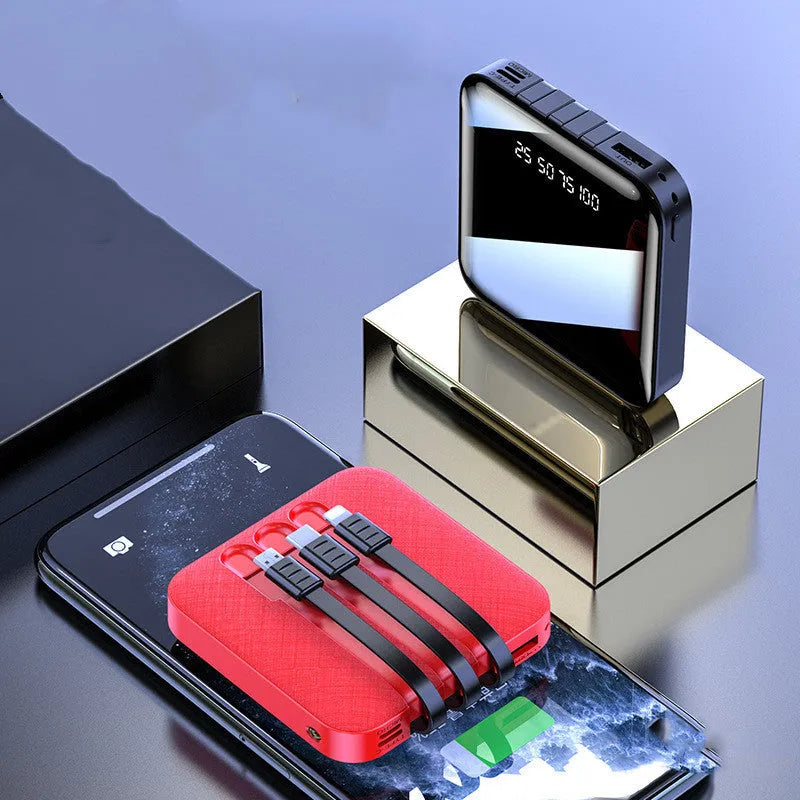 Black or red rectangular power bank with attached data cable, showing compact 80mm size.