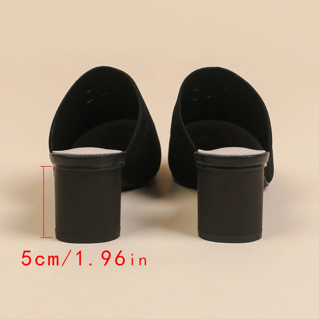 Women's pointed toe sandals with 5cm chunky heel in fabric upper