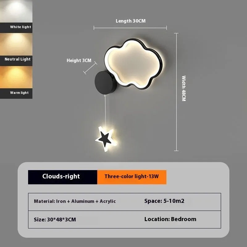 Cartoon cloud, moon and five-pointed star shaped bedside wall lamp for a children's bedroom in black or white.