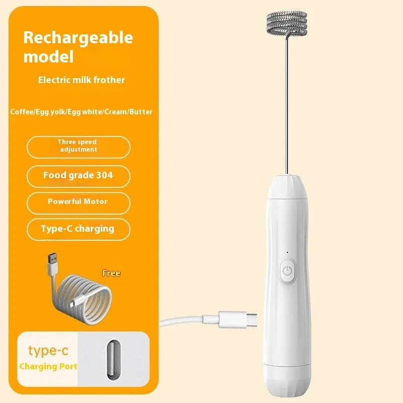 Mini handheld electric milk frother in black, white, or khaki colours with USB charging cable