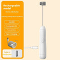 Mini handheld electric milk frother in black, white, or khaki colours with USB charging cable