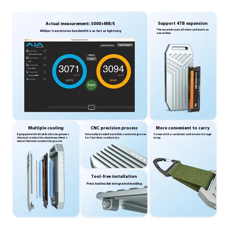 Silver aluminium external SSD enclosure for M.2 drives with Thunderbolt 4 and USB4 40Gbps connectivity.