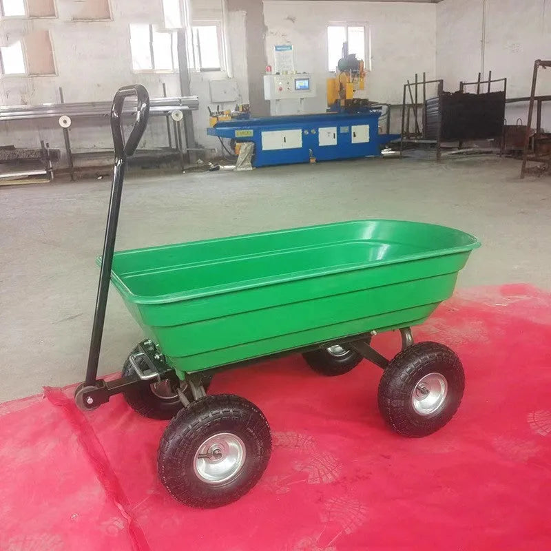 Green four-wheel plastic dump truck with steel PP frame for agricultural material transport