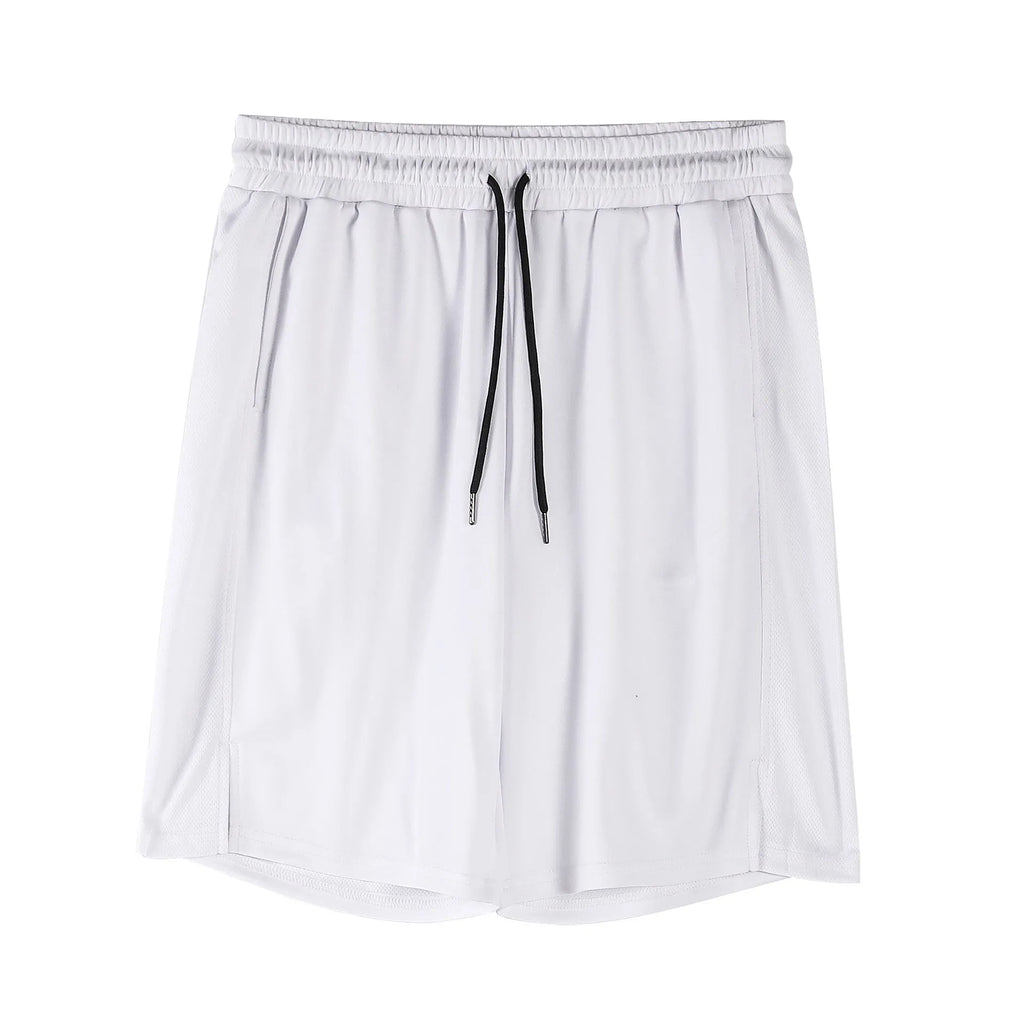 Men's white quick-drying mesh fitness shorts with elastic waistband