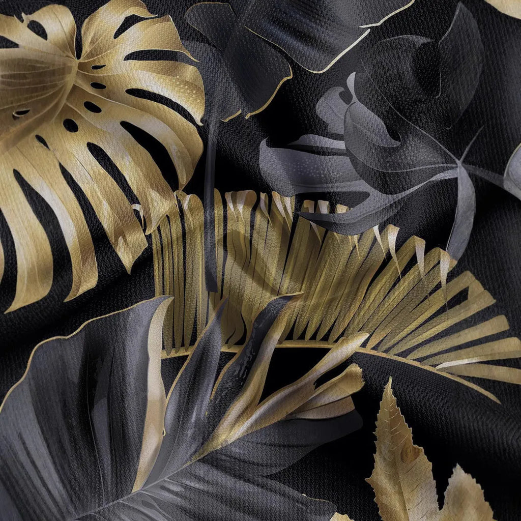 Gold men's shirt with tropical plant pattern print and short sleeves