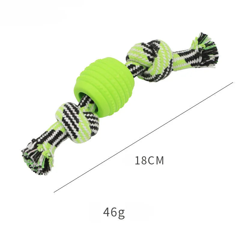 Blue molar-shaped dog chew toy with natural rubber rope attachment for dental cleaning