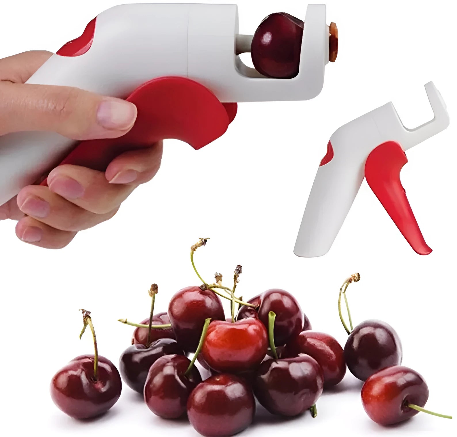Cherry stoner tool with stainless steel pitting head and white plastic handle on a wooden surface.
