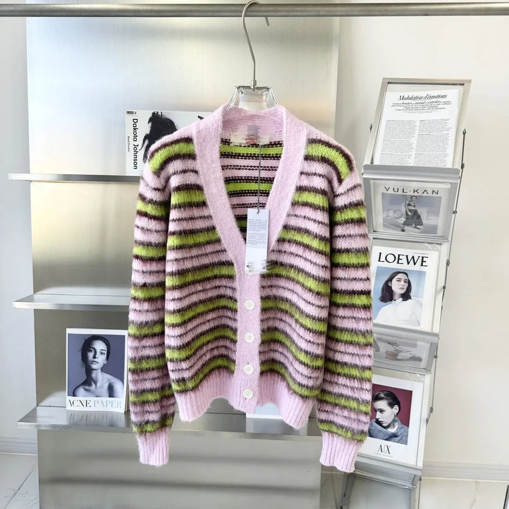 Pink women's wool cardigan sweater in Haima lazy coat style, shown as both a round neck pullover and an open cardigan.