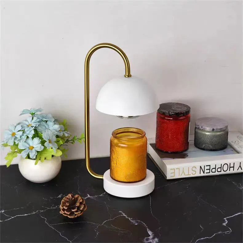 Solid wood aromatherapy wax melting bedside lamp with dimming knob on black metal base