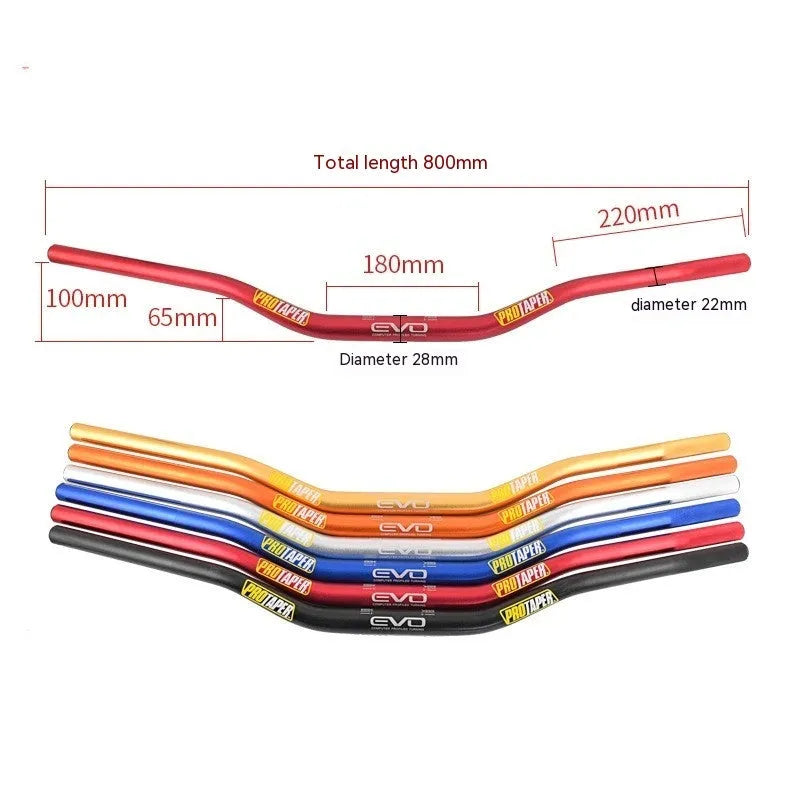 Orange aluminium motorcycle handlebar with 28mm clamp area showing 80cm width measurement