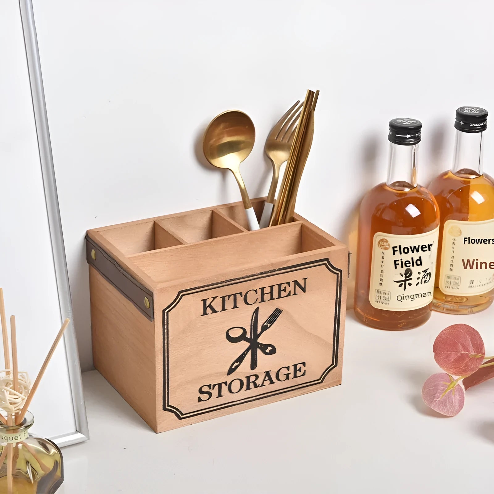 Wooden kitchen storage box with grid dividers for cutlery organisation