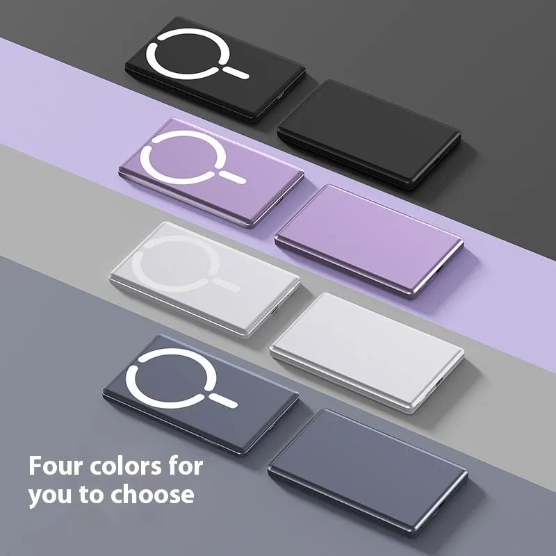 Ultra-thin magnetic power bank in dark grey silver black or violet colours with alloy casing