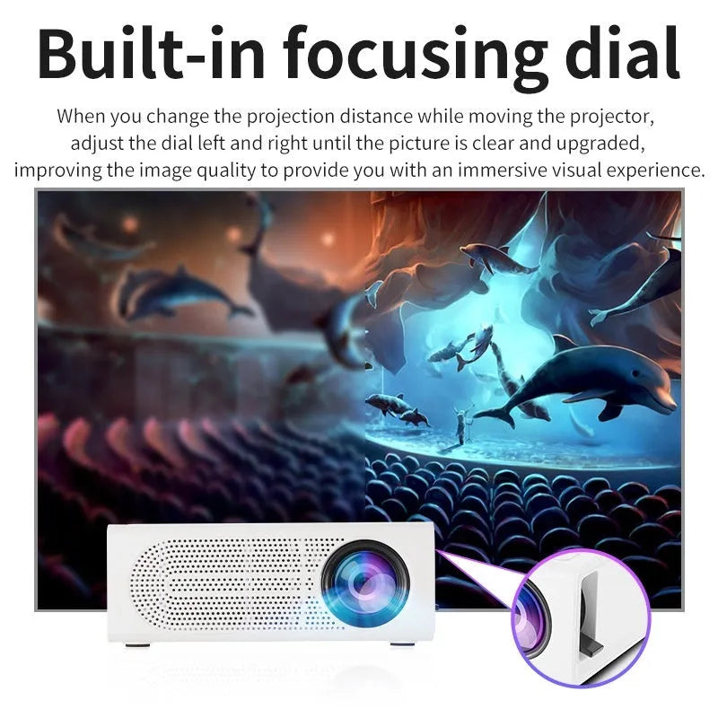 Black portable mini projector with wired mobile connection and power cable