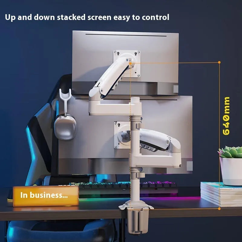 Dual monitor desk mount bracket in black or white with height adjustment mechanism