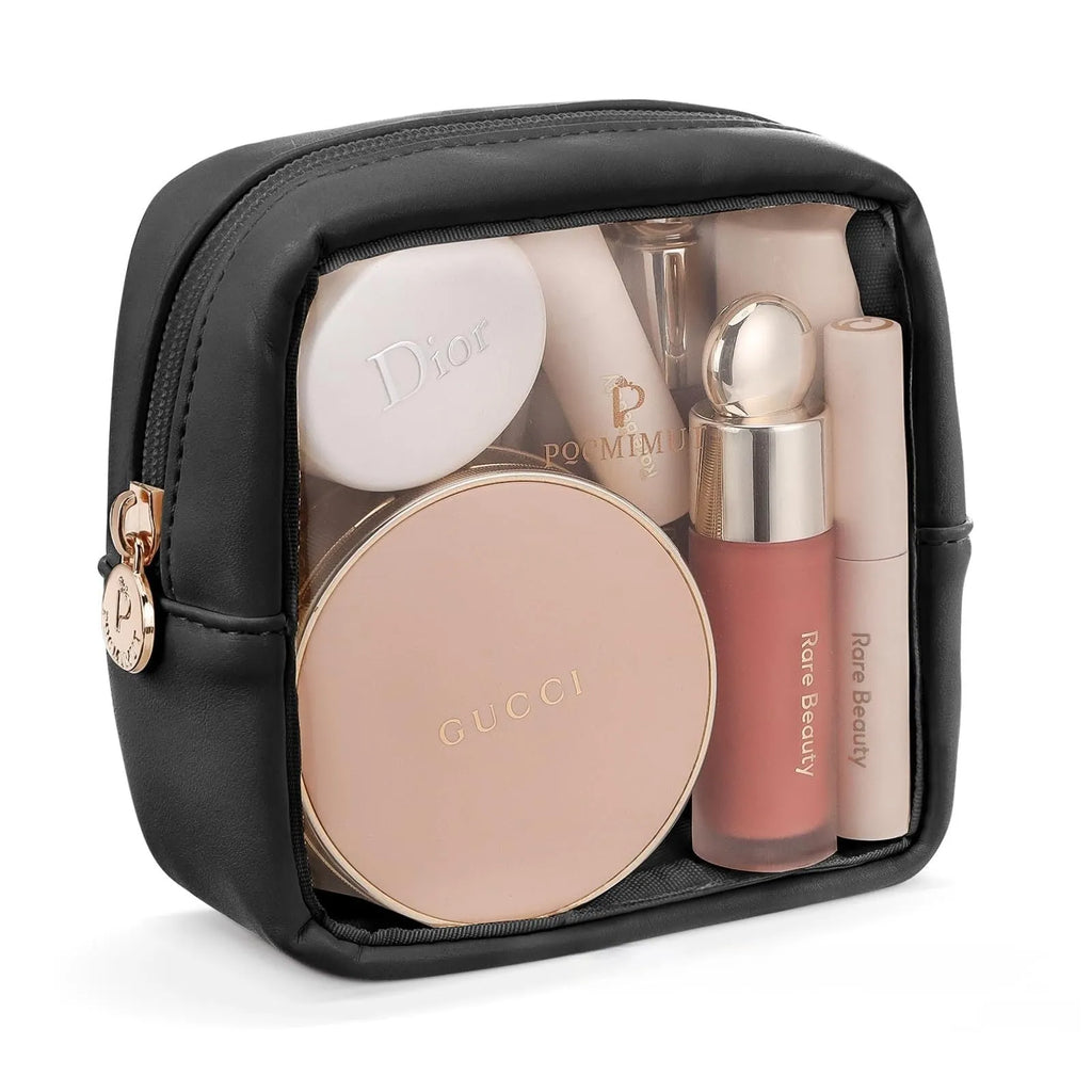 Transparent PVC cosmetic bag showing contents through clear material with dry-wet separation compartments